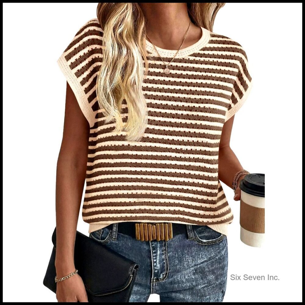 Striped Crochet Sweater Summer Boho Casual Crewneck Knit Top Cap Sleeve